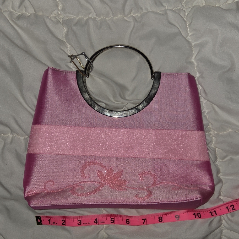 Elegant Pink Beaded Handbag with Metal Handle